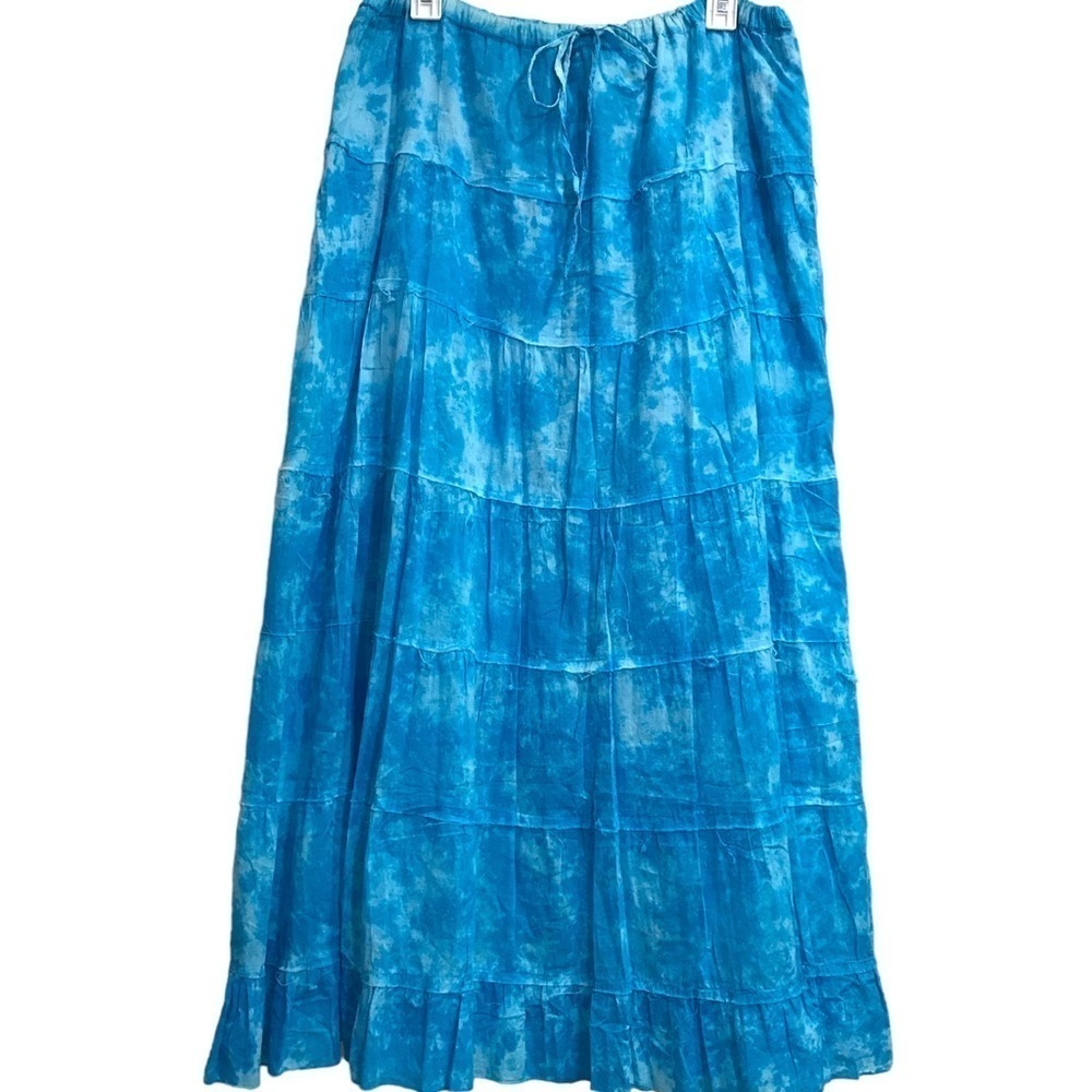 Bohemian Tie Dye Maxi Broomstick Style Skirt Tiered Distressed Drawstring Medium